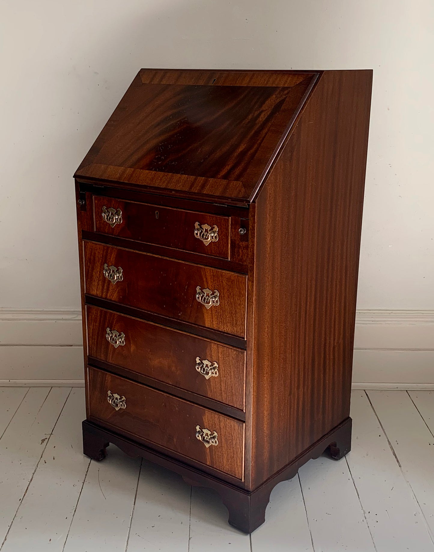 Antique Edwardian Flame Front Narrow Bureau / Writing Desk With Four Drawers