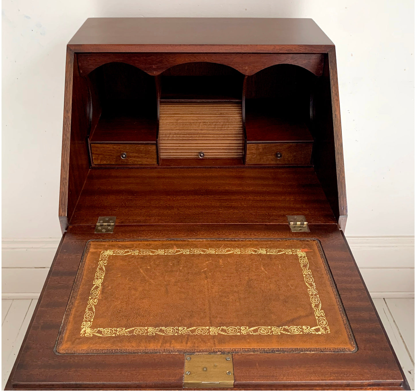 Antique Edwardian Flame Front Narrow Bureau / Writing Desk With Four Drawers