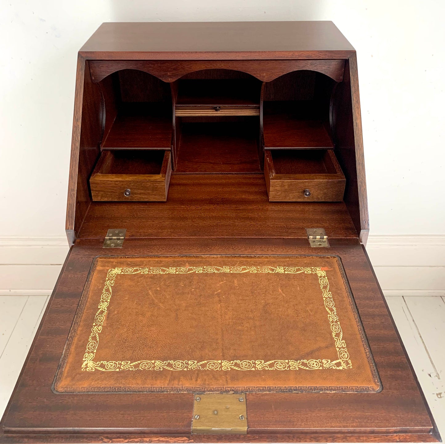 Antique Edwardian Flame Front Narrow Bureau / Writing Desk With Four Drawers
