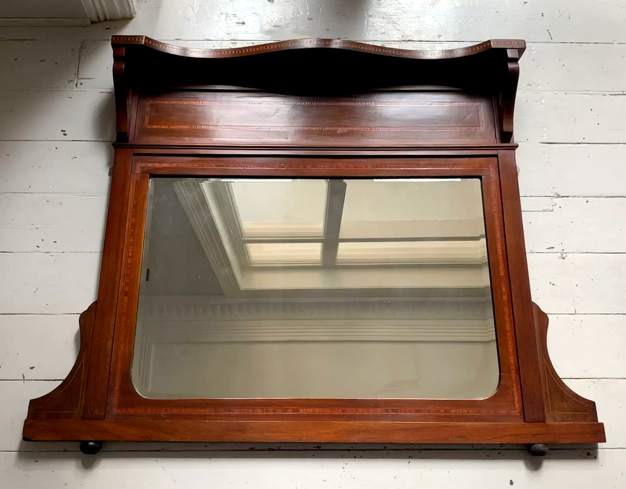 Edwardian Over Mantle Mirror w/ Bevelled Glass & Mahogany Frame Parquetry Detail