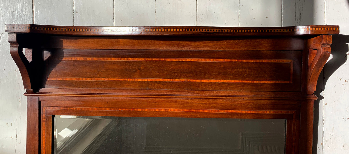 Edwardian Over Mantle Mirror w/ Bevelled Glass & Mahogany Frame Parquetry Detail