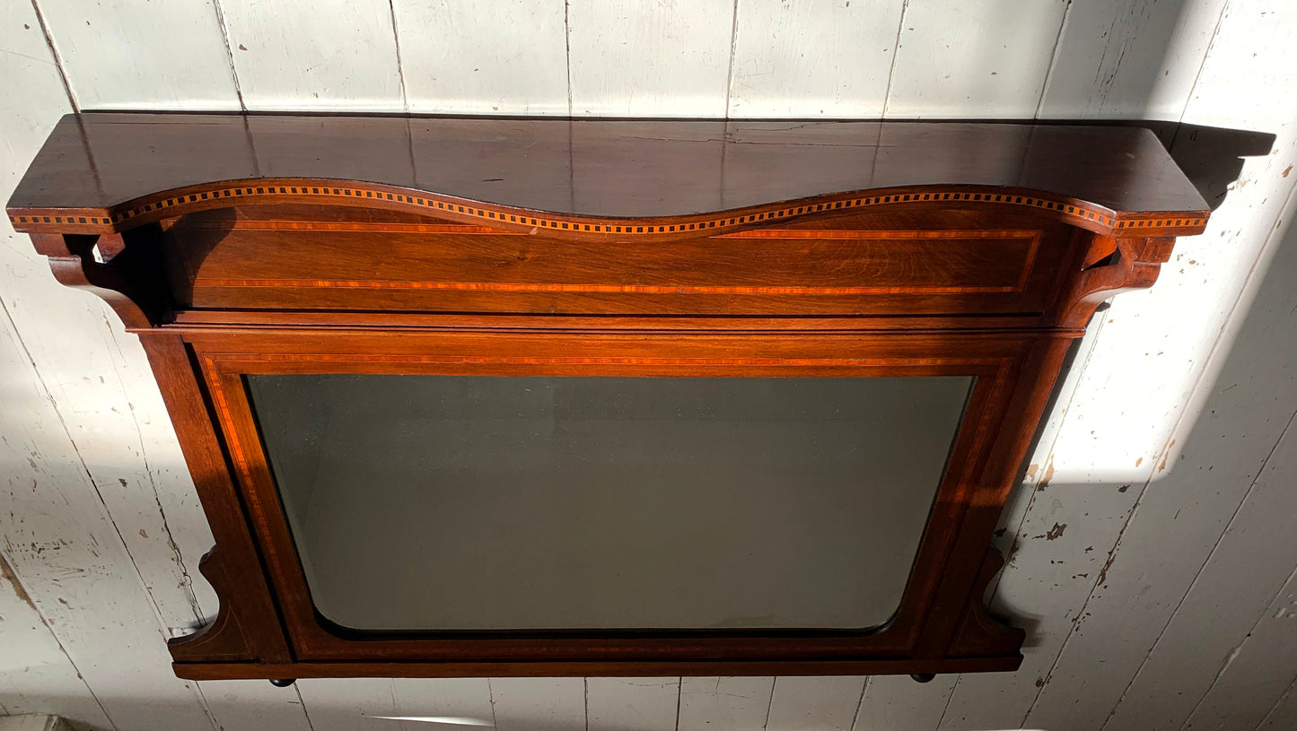 Edwardian Over Mantle Mirror w/ Bevelled Glass & Mahogany Frame Parquetry Detail
