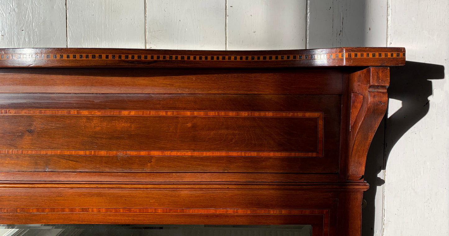 Edwardian Over Mantle Mirror w/ Bevelled Glass & Mahogany Frame Parquetry Detail