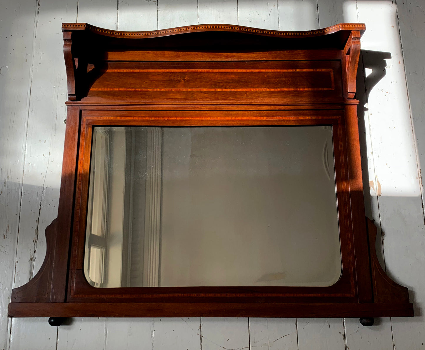 Edwardian Over Mantle Mirror w/ Bevelled Glass & Mahogany Frame Parquetry Detail