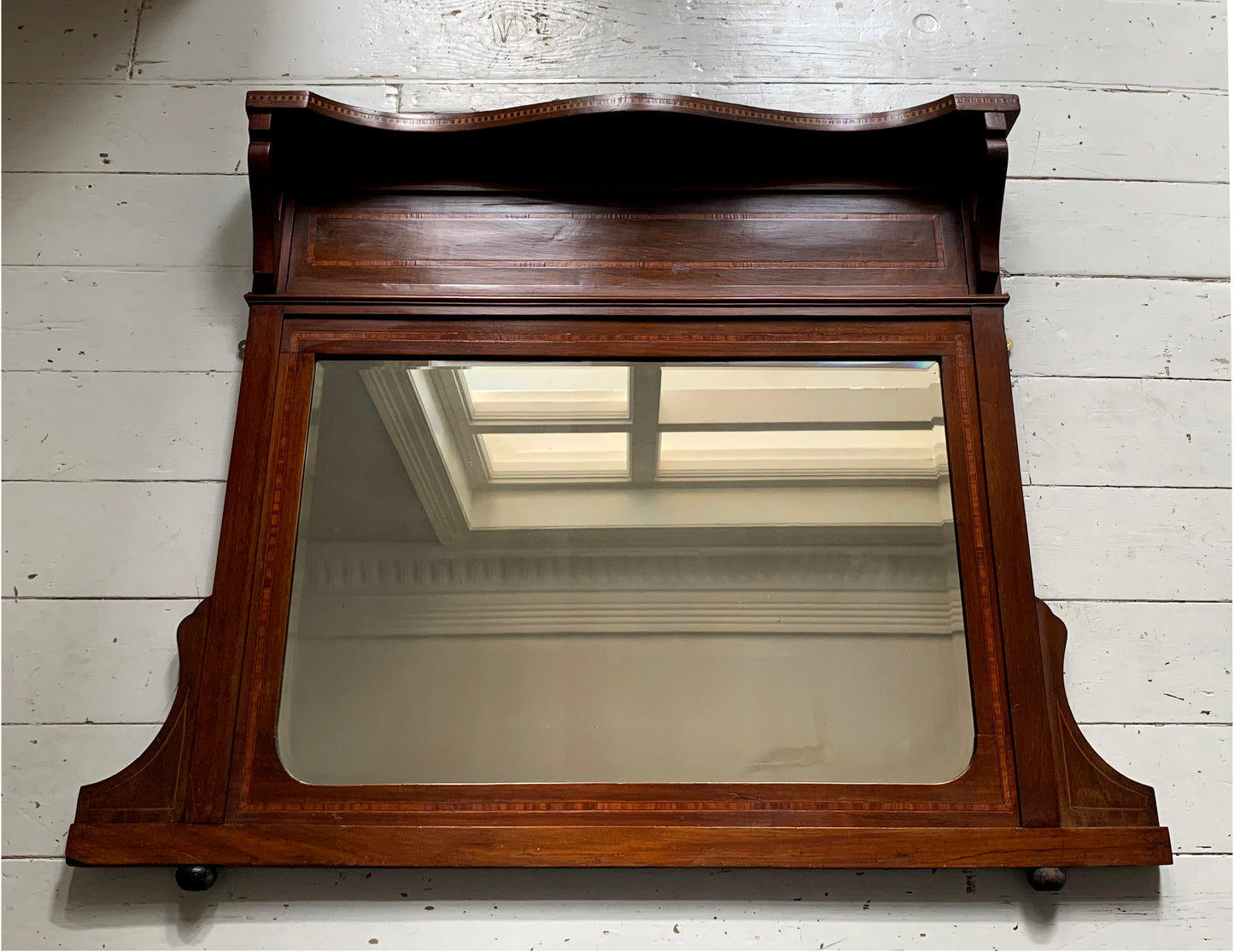 Edwardian Over Mantle Mirror w/ Bevelled Glass & Mahogany Frame Parquetry Detail