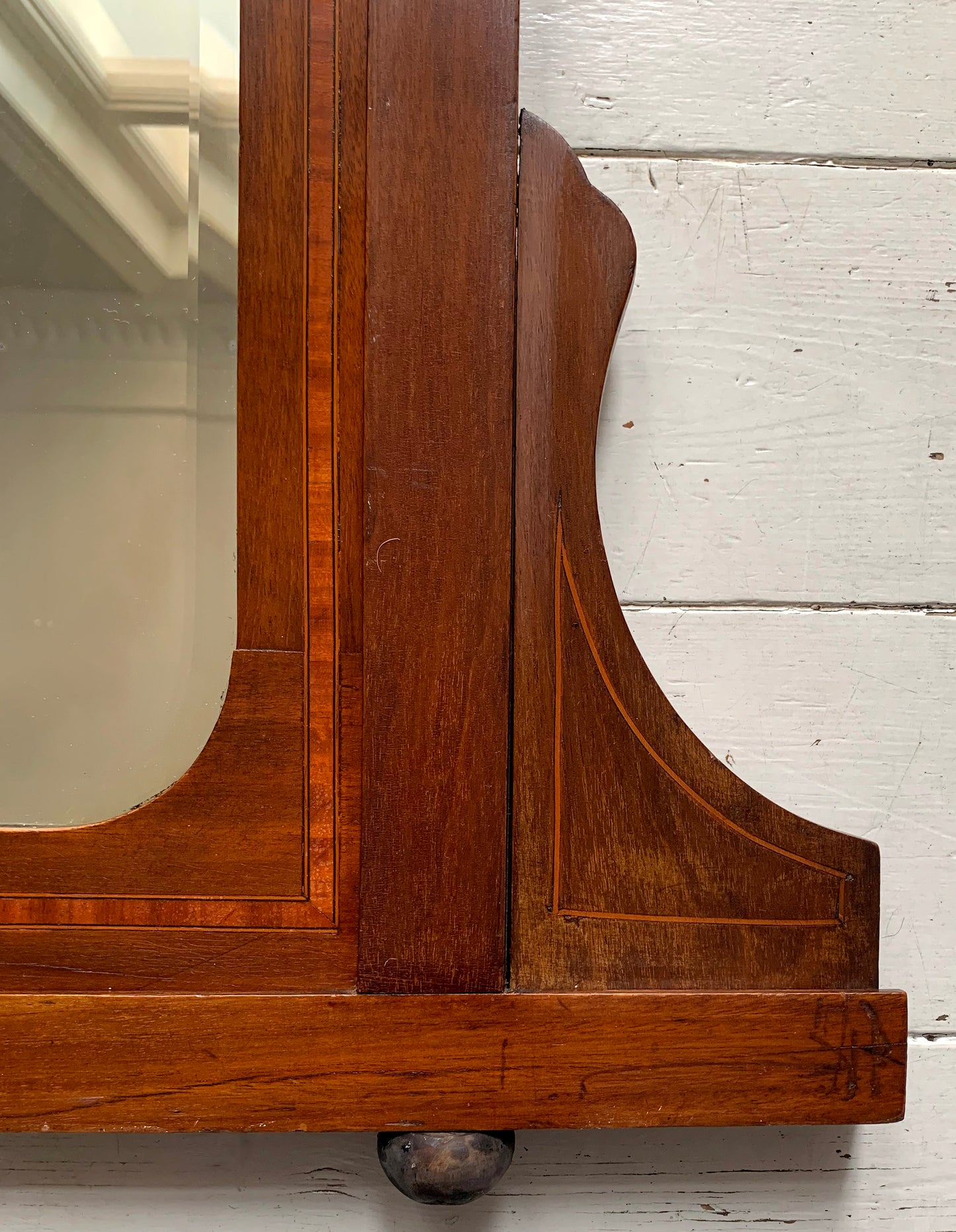 Edwardian Over Mantle Mirror w/ Bevelled Glass & Mahogany Frame Parquetry Detail