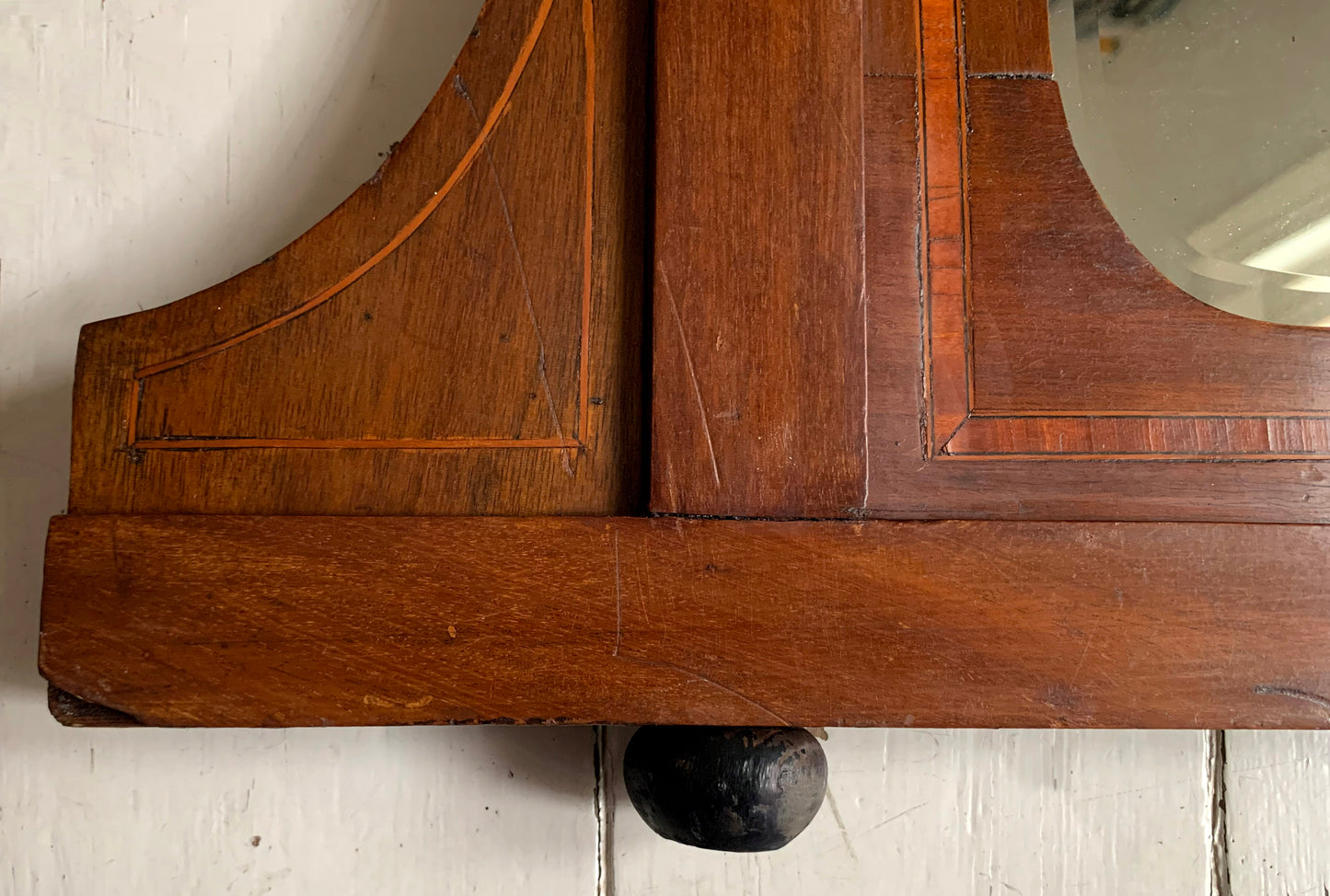 Edwardian Over Mantle Mirror w/ Bevelled Glass & Mahogany Frame Parquetry Detail