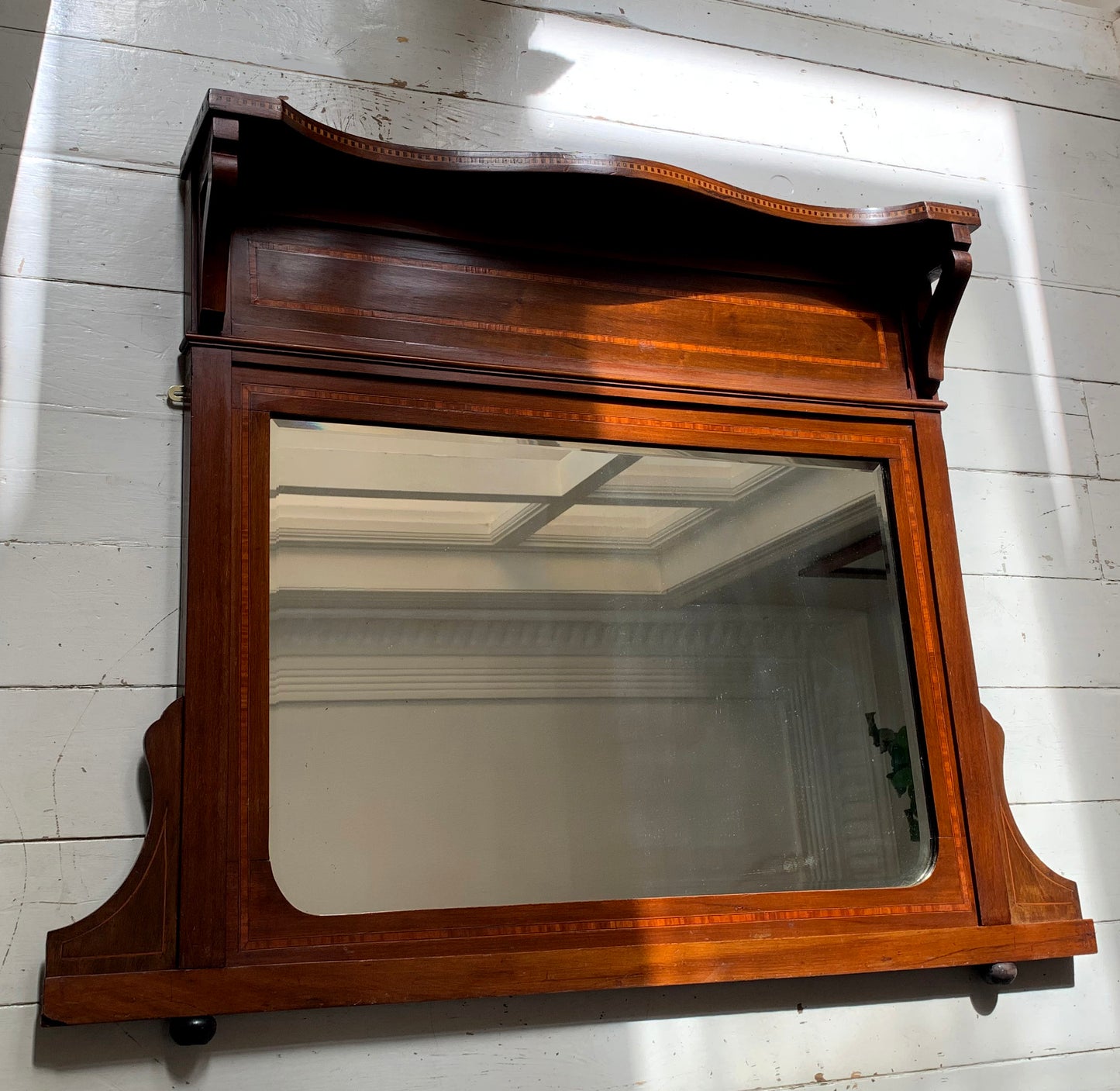 Edwardian Over Mantle Mirror w/ Bevelled Glass & Mahogany Frame Parquetry Detail