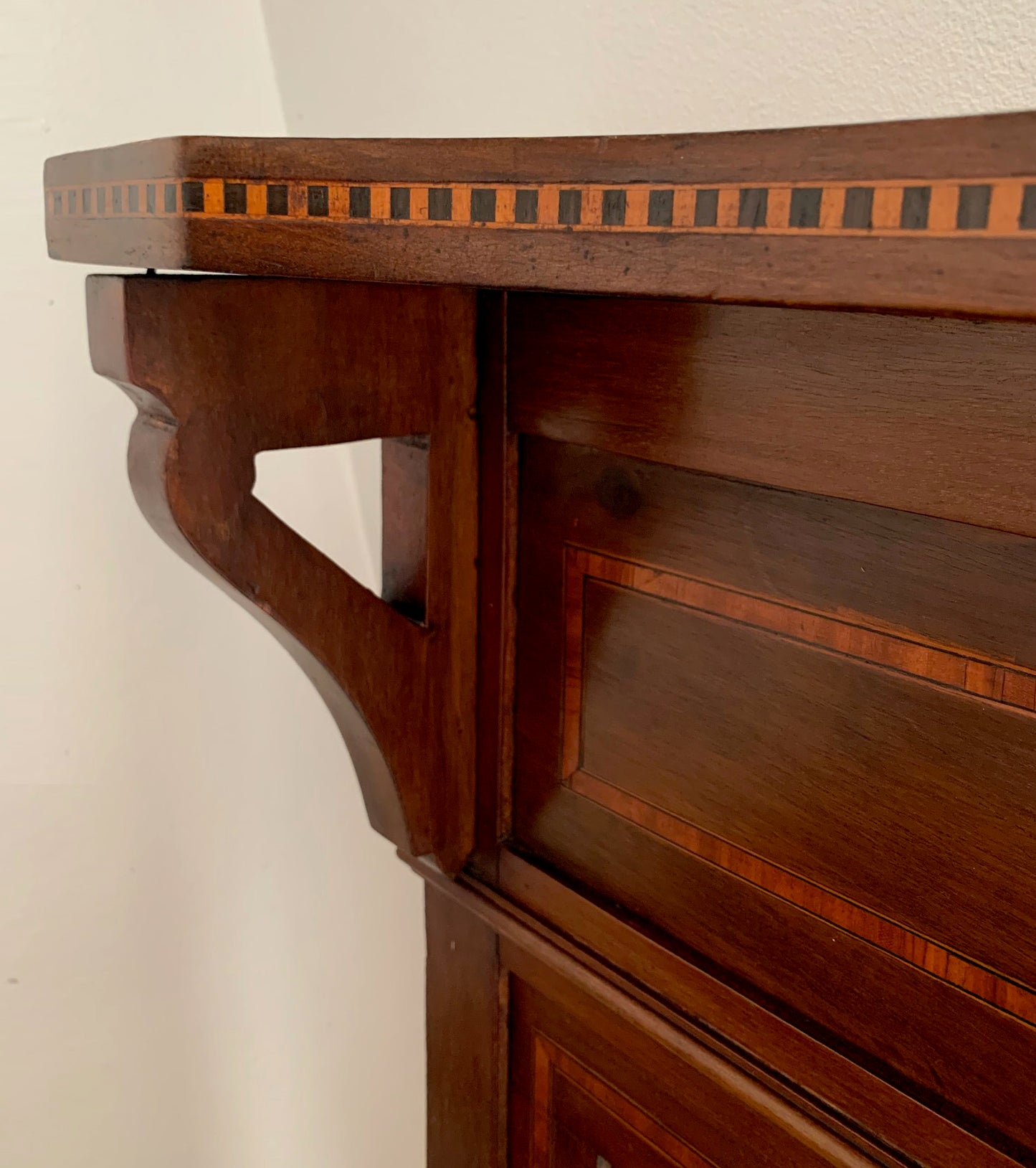 Edwardian Over Mantle Mirror w/ Bevelled Glass & Mahogany Frame Parquetry Detail