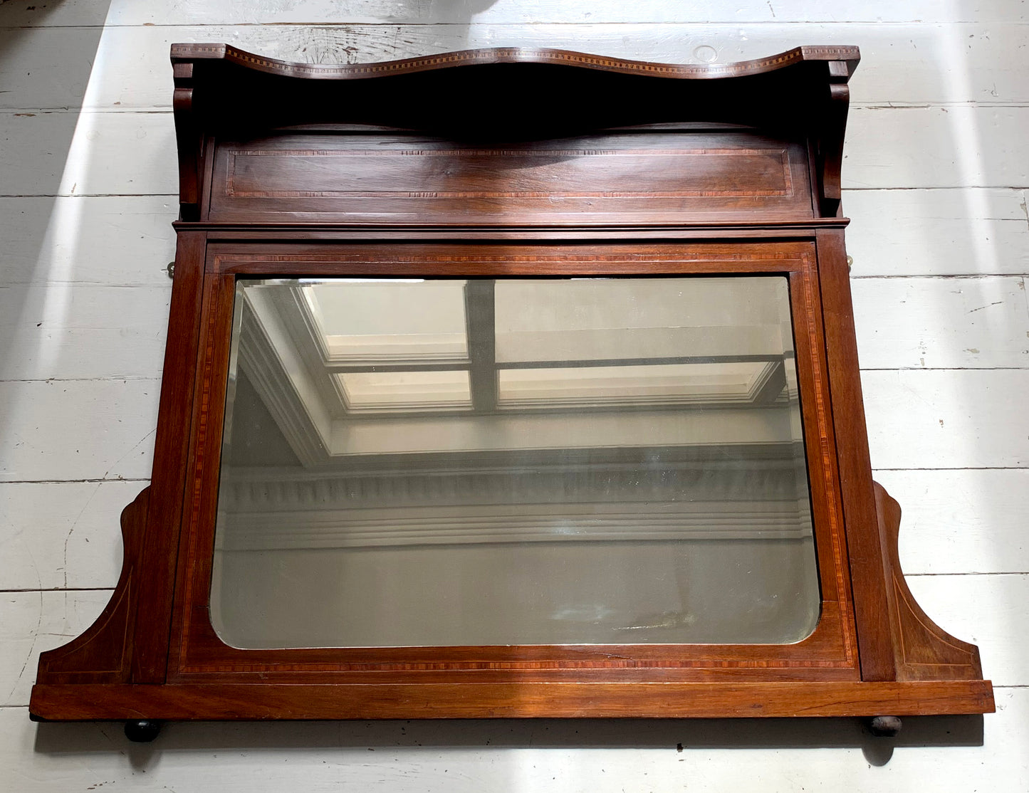 Edwardian Over Mantle Mirror w/ Bevelled Glass & Mahogany Frame Parquetry Detail