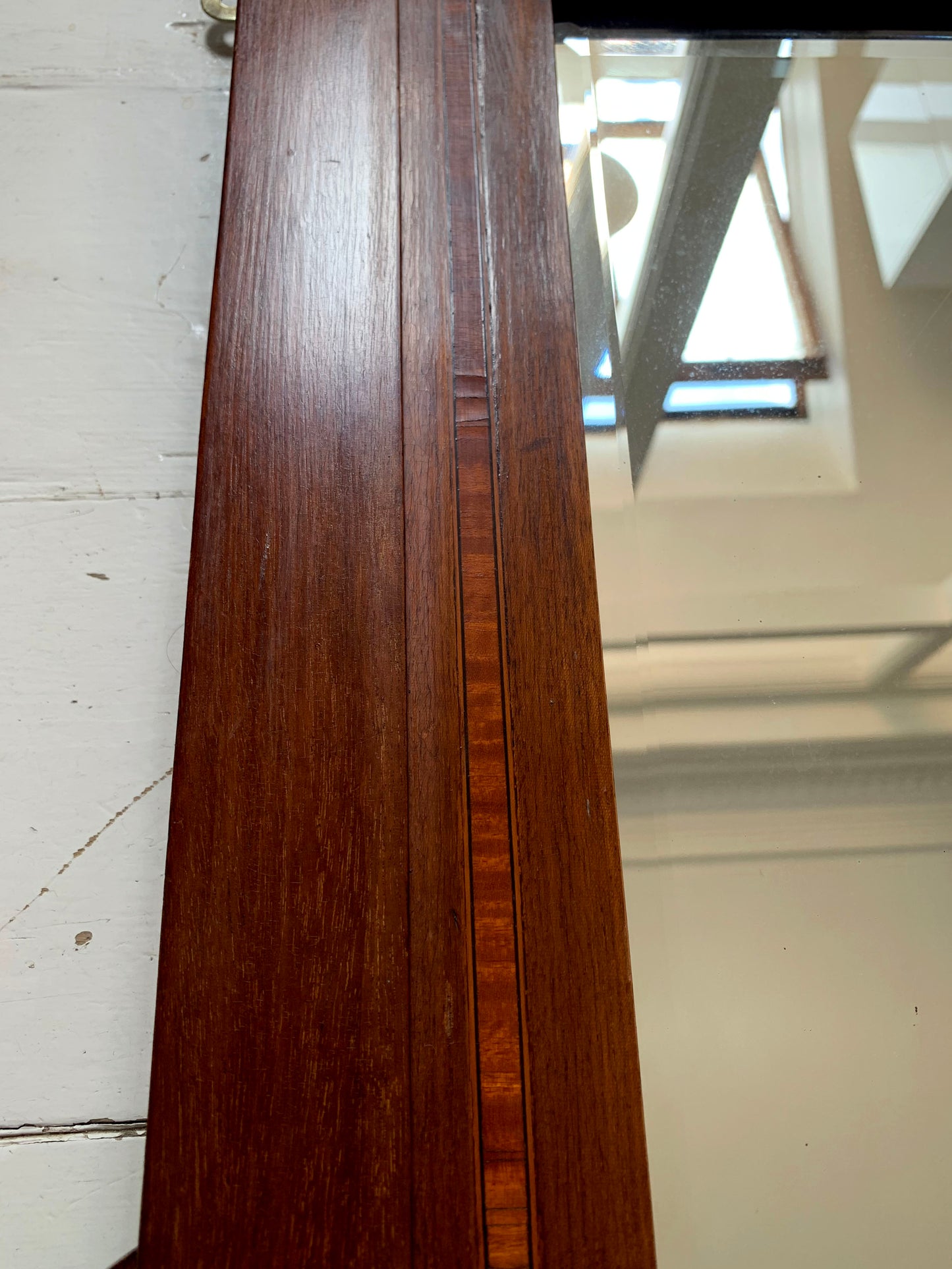 Edwardian Over Mantle Mirror w/ Bevelled Glass & Mahogany Frame Parquetry Detail