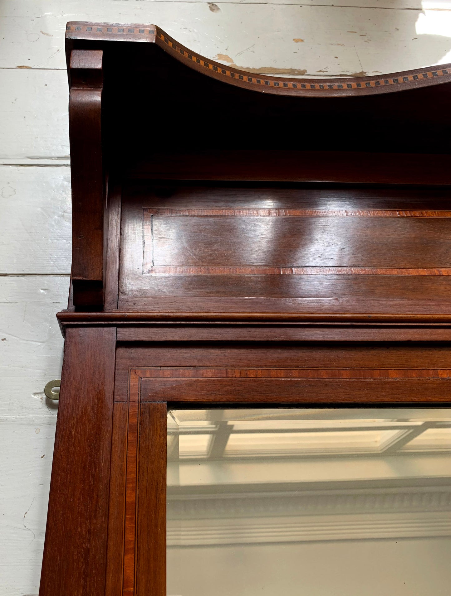 Edwardian Over Mantle Mirror w/ Bevelled Glass & Mahogany Frame Parquetry Detail