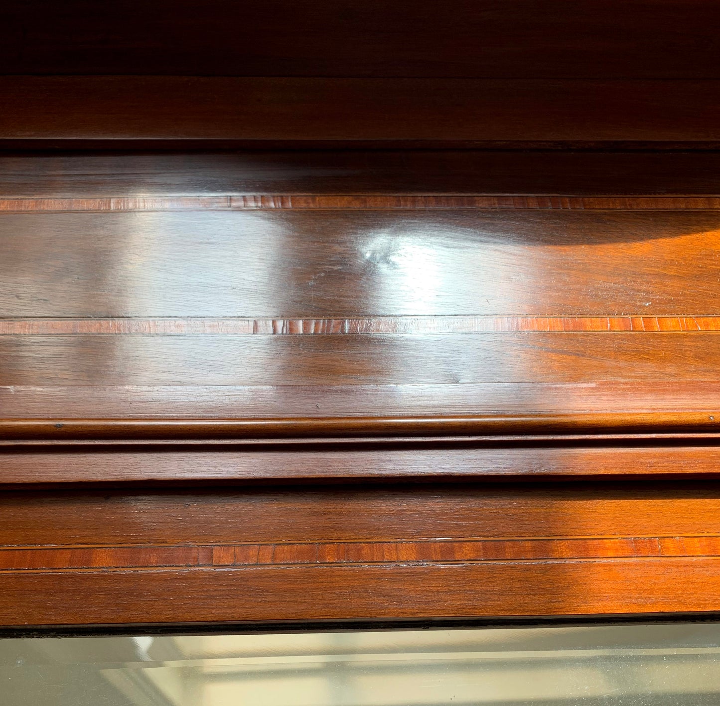 Edwardian Over Mantle Mirror w/ Bevelled Glass & Mahogany Frame Parquetry Detail