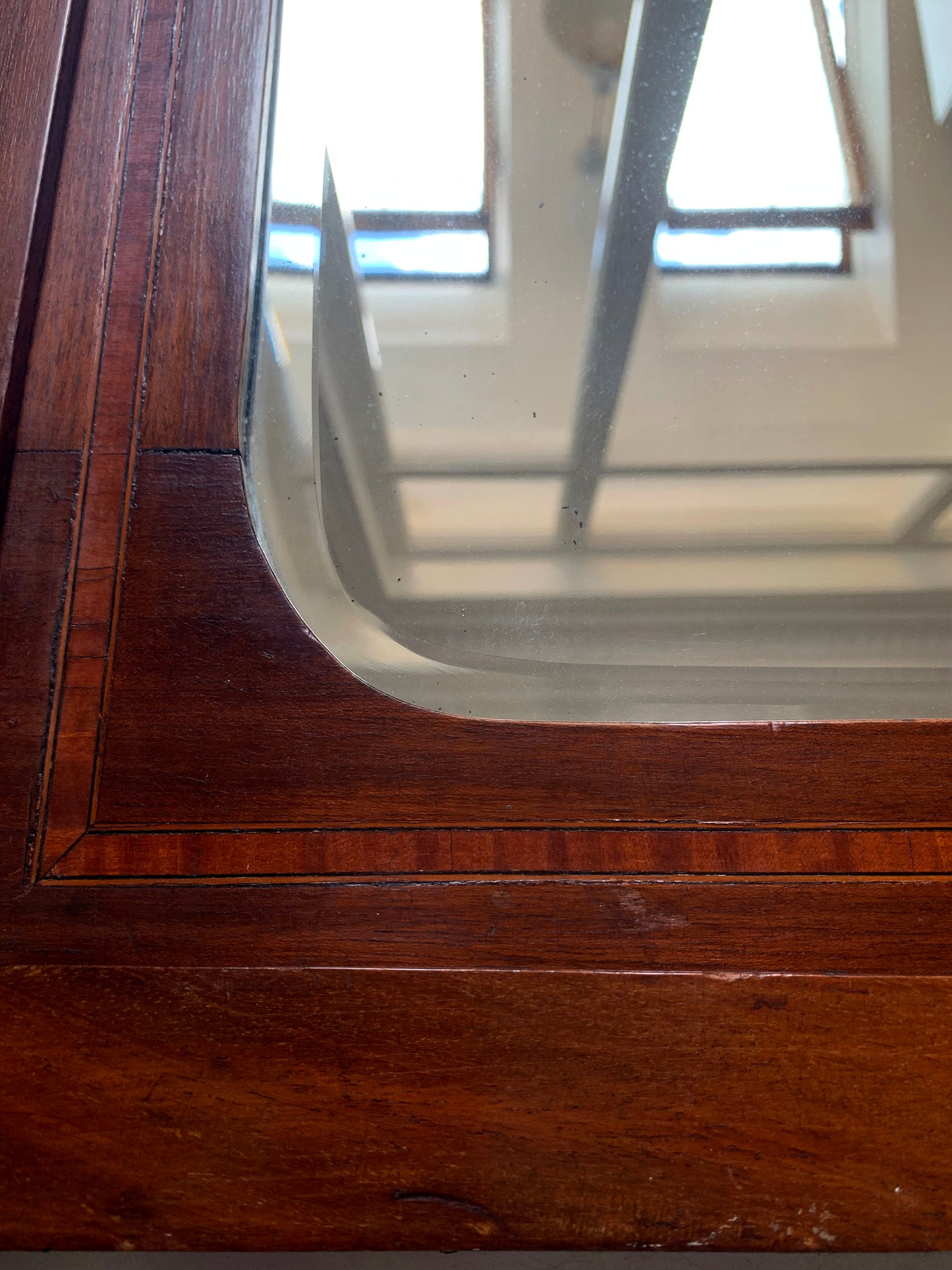 Edwardian Over Mantle Mirror w/ Bevelled Glass & Mahogany Frame Parquetry Detail