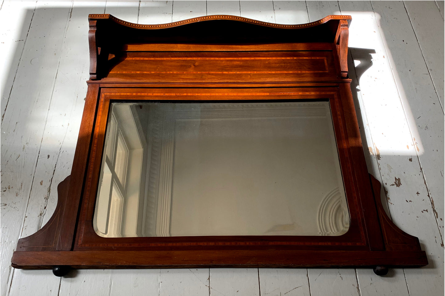 Edwardian Over Mantle Mirror w/ Bevelled Glass & Mahogany Frame Parquetry Detail