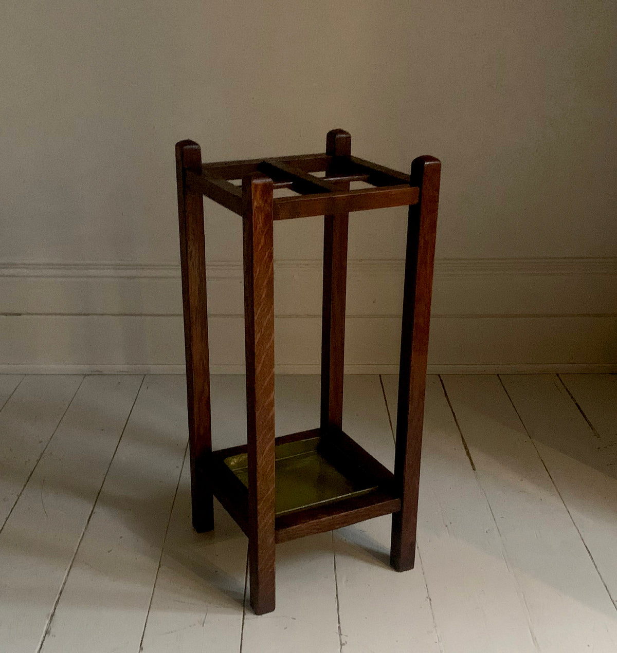 Elegant Edwardian Oak Umbrella / Parasol & Stick Stand with Metal Drip Tray