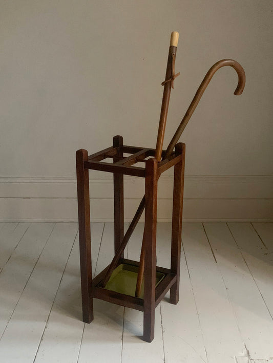 Elegant Edwardian Oak Umbrella / Parasol & Stick Stand with Metal Drip Tray