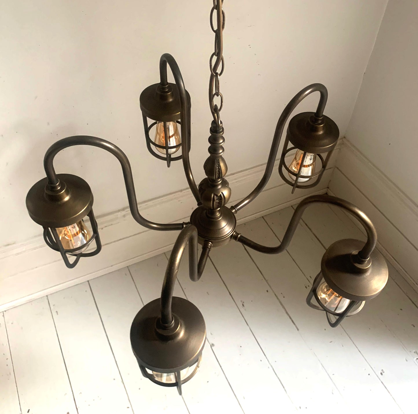 Five Arm Chandelier Pendant Light, Caged Filament Bulbs, Industrial, Steam Punk