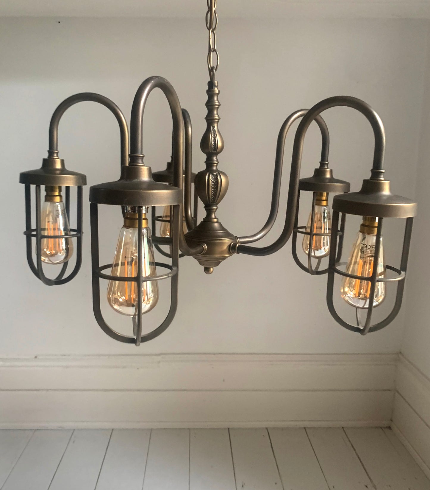 Five Arm Chandelier Pendant Light, Caged Filament Bulbs, Industrial, Steam Punk