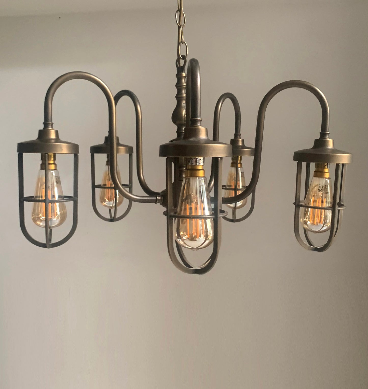 Five Arm Chandelier Pendant Light, Caged Filament Bulbs, Industrial, Steam Punk
