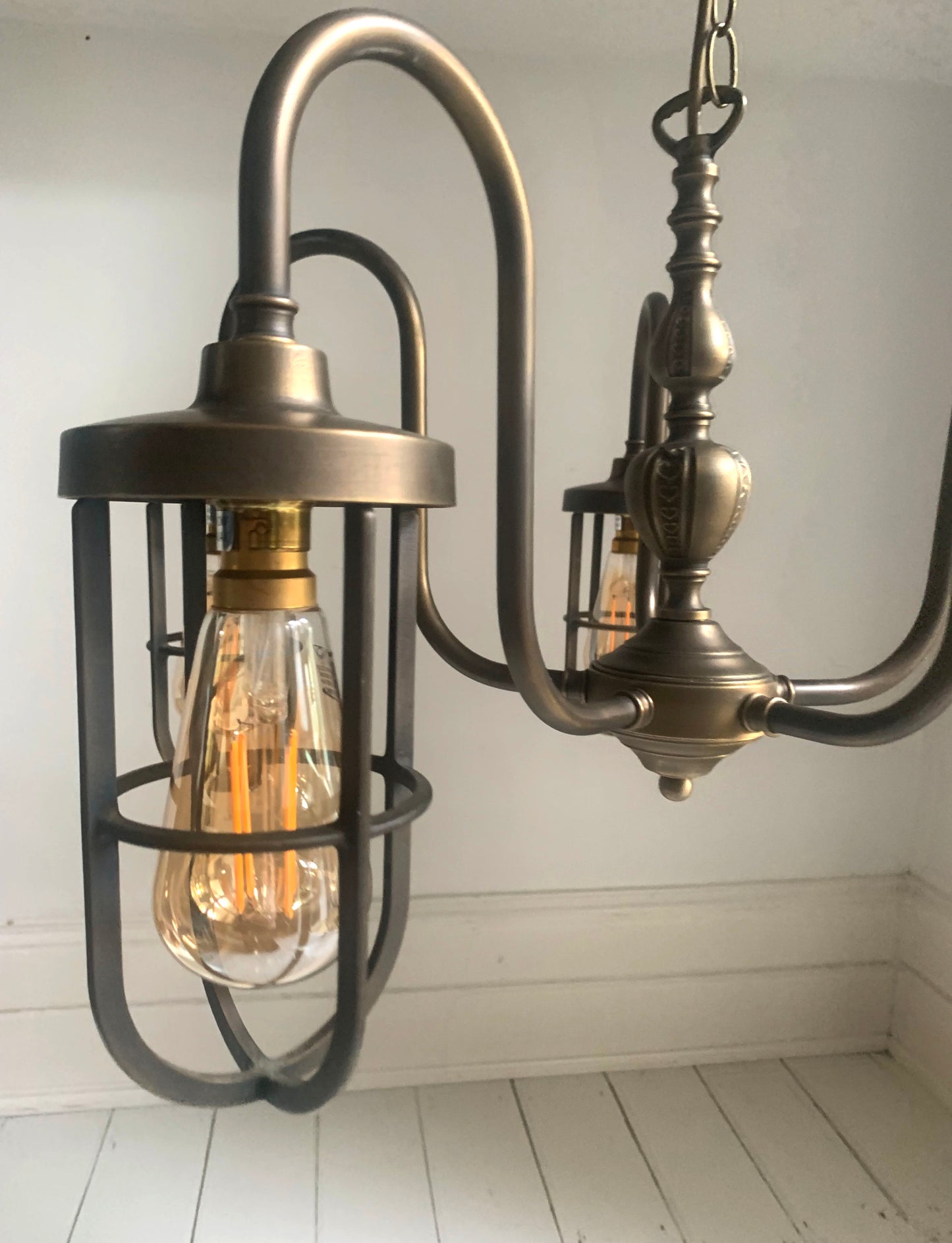 Five Arm Chandelier Pendant Light, Caged Filament Bulbs, Industrial, Steam Punk