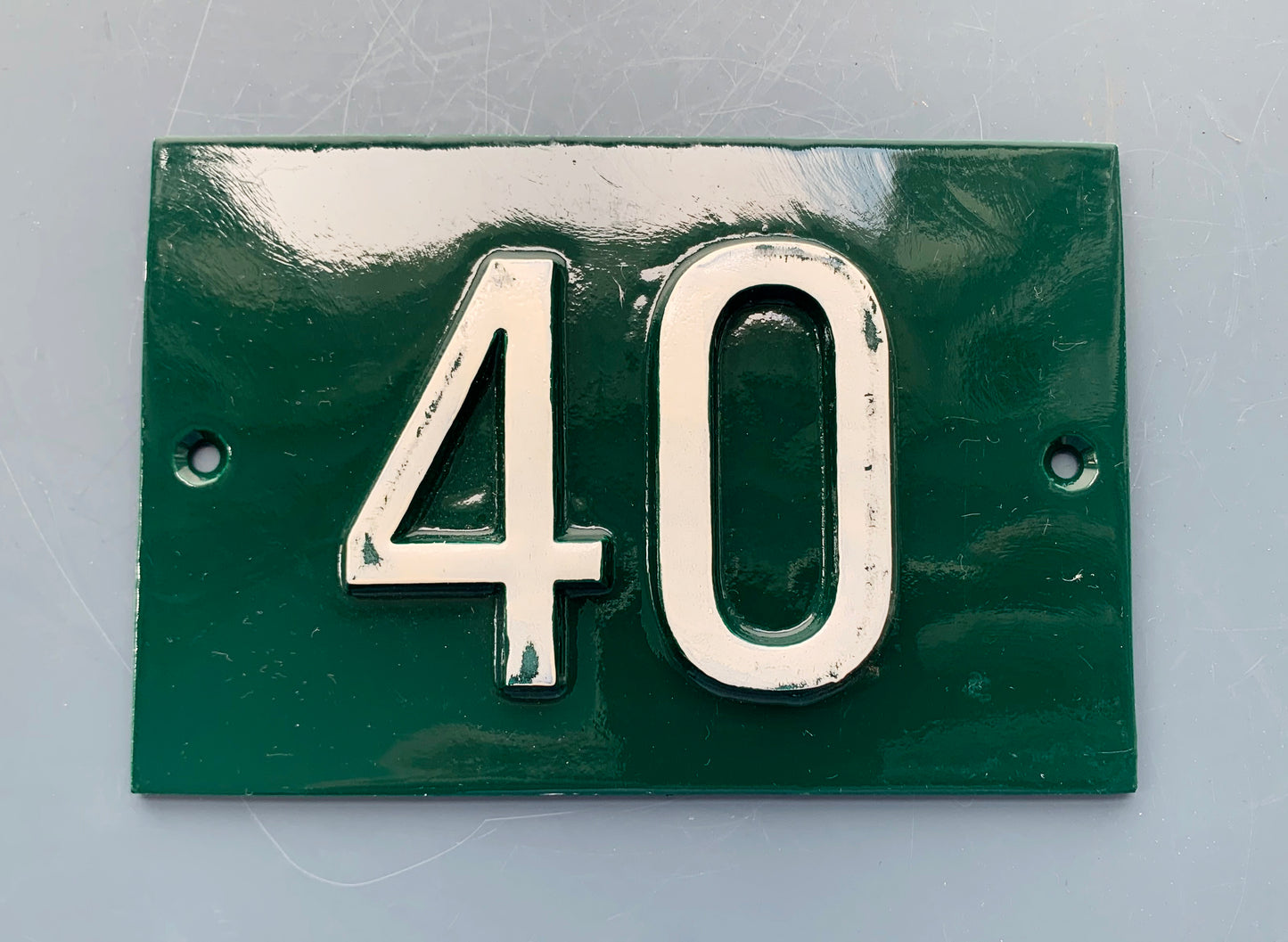 Green French Embossed metal # 40 Door Number / Plaque - White on Dark Green