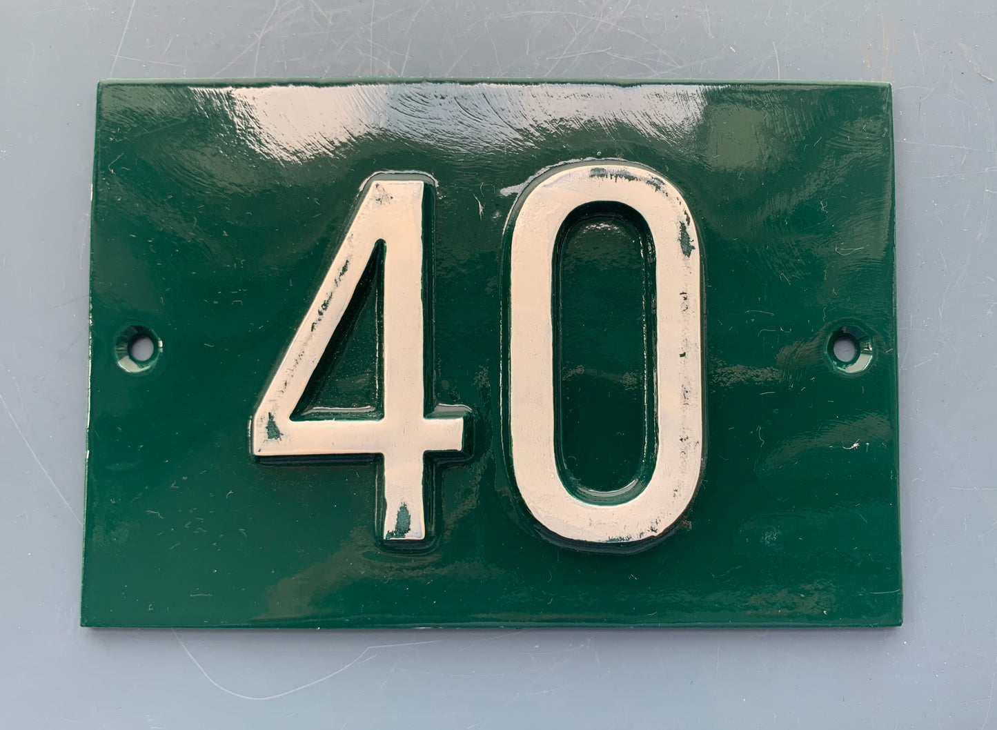 Green French Embossed metal # 40 Door Number / Plaque - White on Dark Green