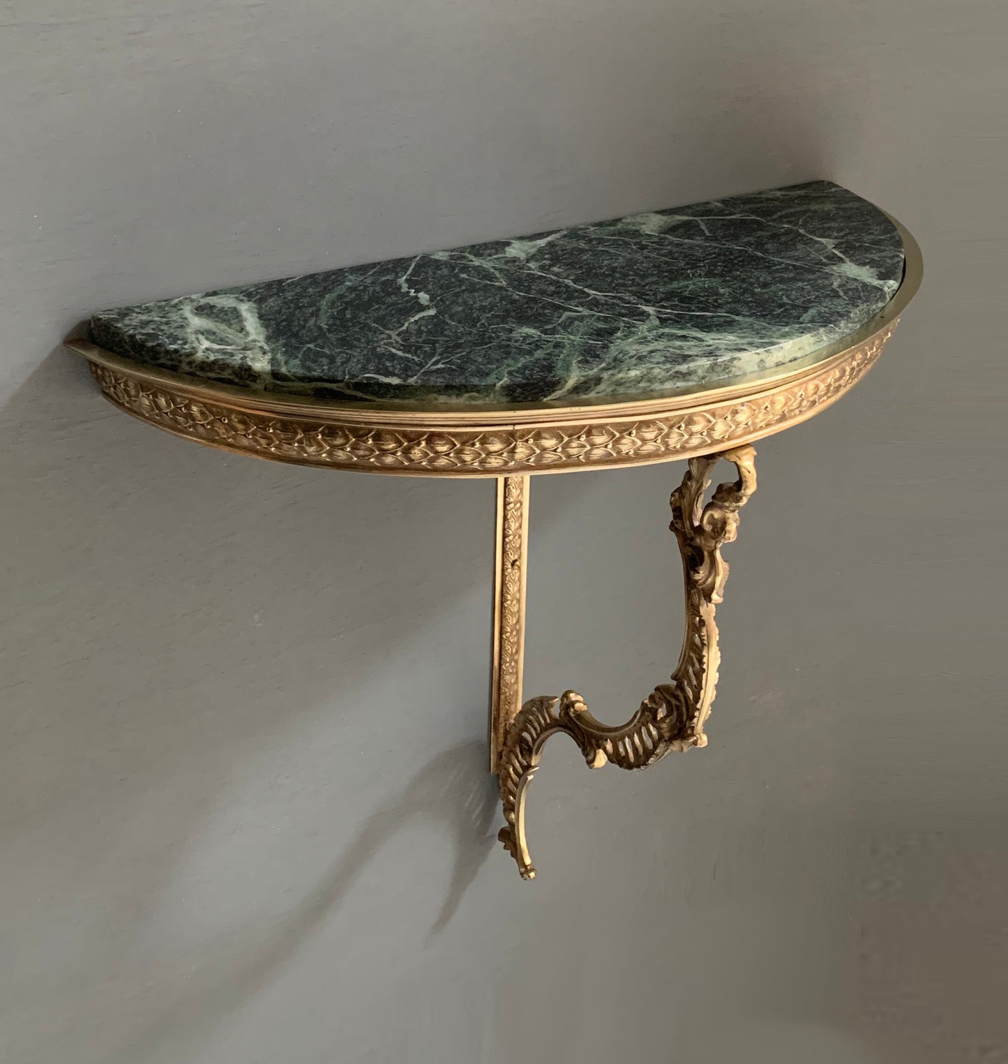 French Louis XVI style Wall-Mounted Demi-Lune Green Marble & Brass Console Table