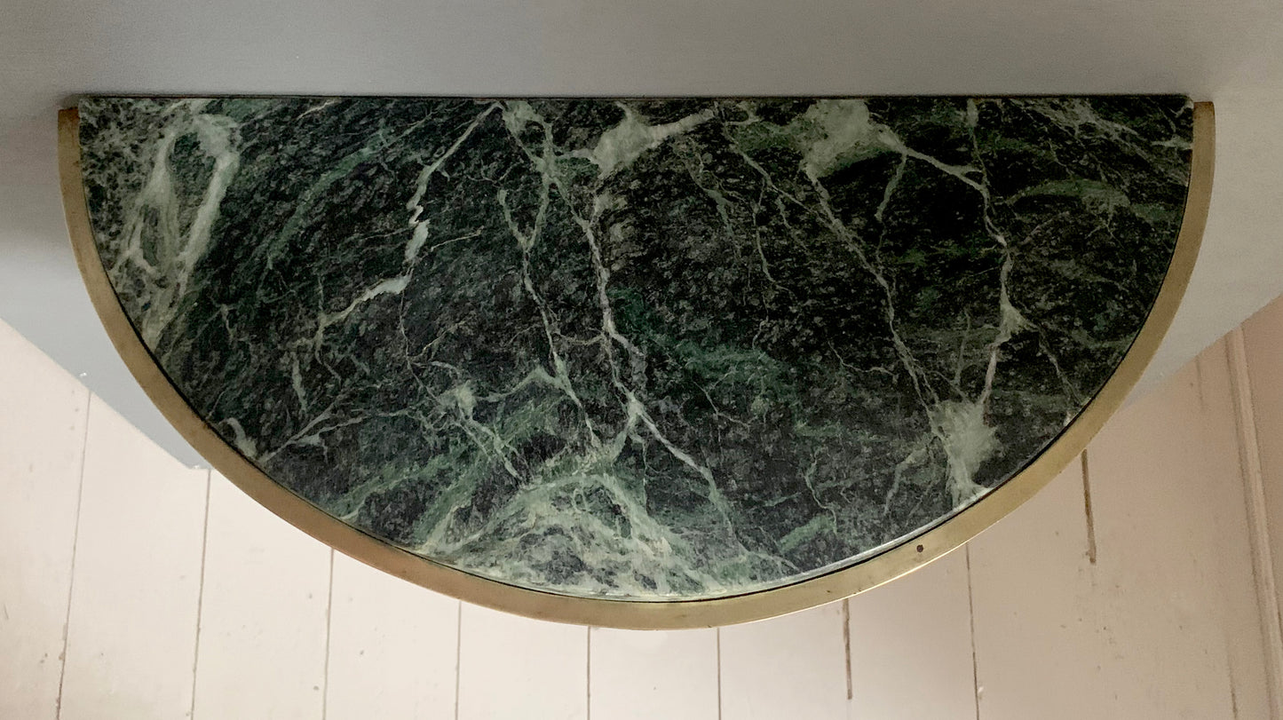 French Louis XVI style Wall-Mounted Demi-Lune Green Marble & Brass Console Table