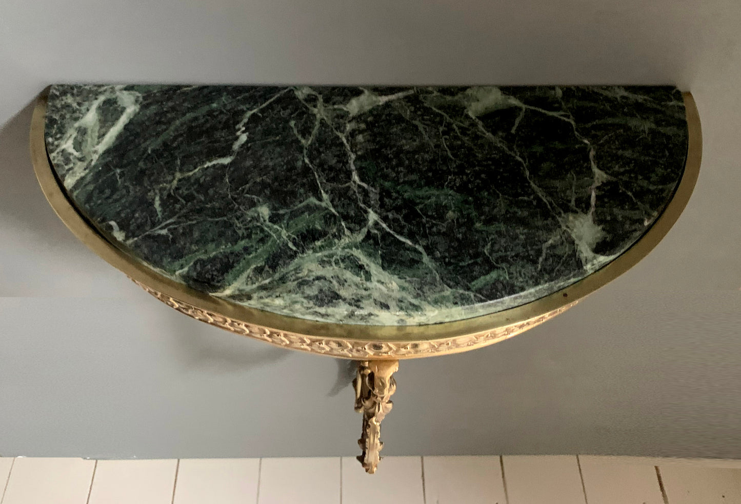 French Louis XVI style Wall-Mounted Demi-Lune Green Marble & Brass Console Table