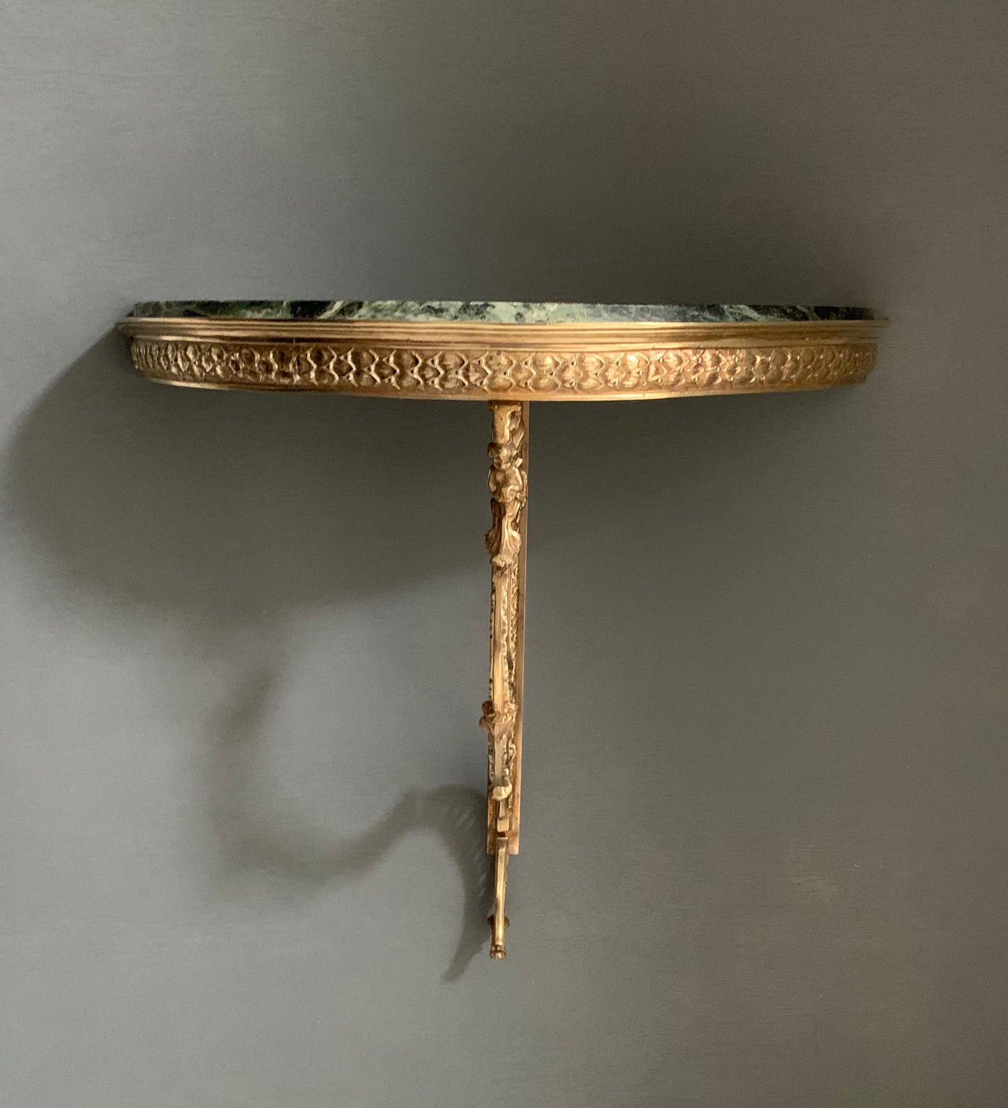 French Louis XVI style Wall-Mounted Demi-Lune Green Marble & Brass Console Table