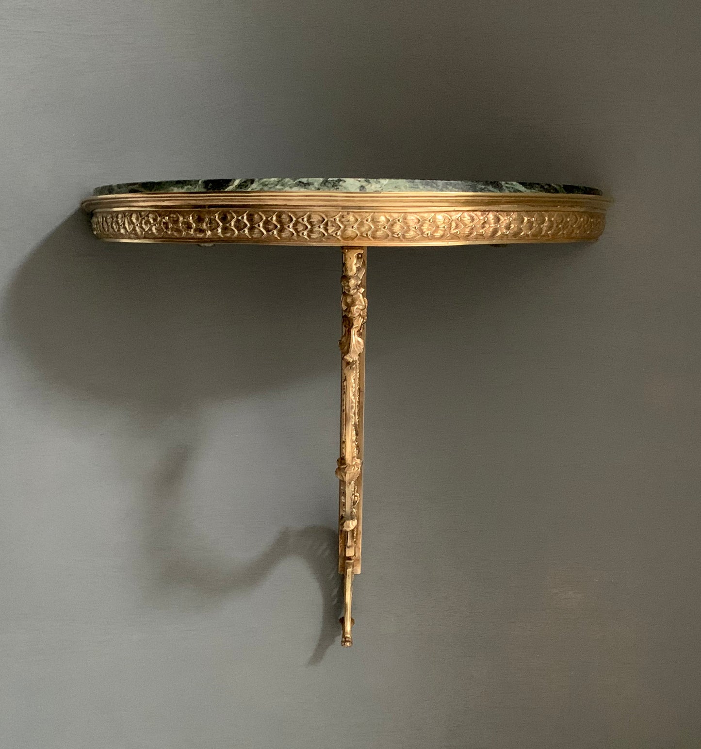 French Louis XVI style Wall-Mounted Demi-Lune Green Marble & Brass Console Table