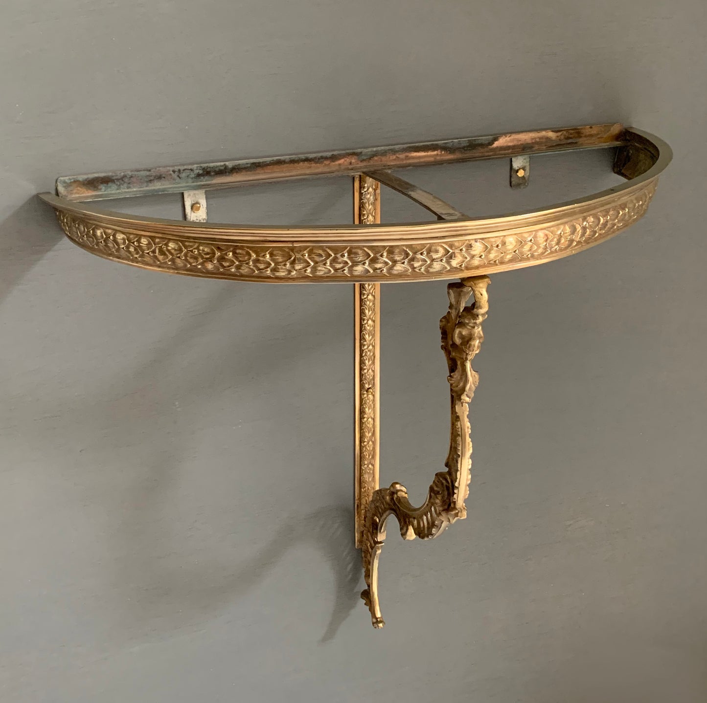French Louis XVI style Wall-Mounted Demi-Lune Green Marble & Brass Console Table