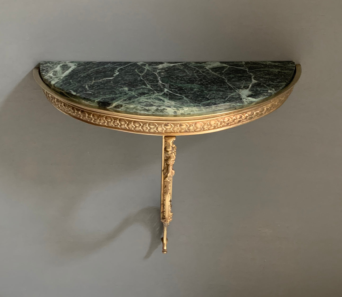 French Louis XVI style Wall-Mounted Demi-Lune Green Marble & Brass Console Table