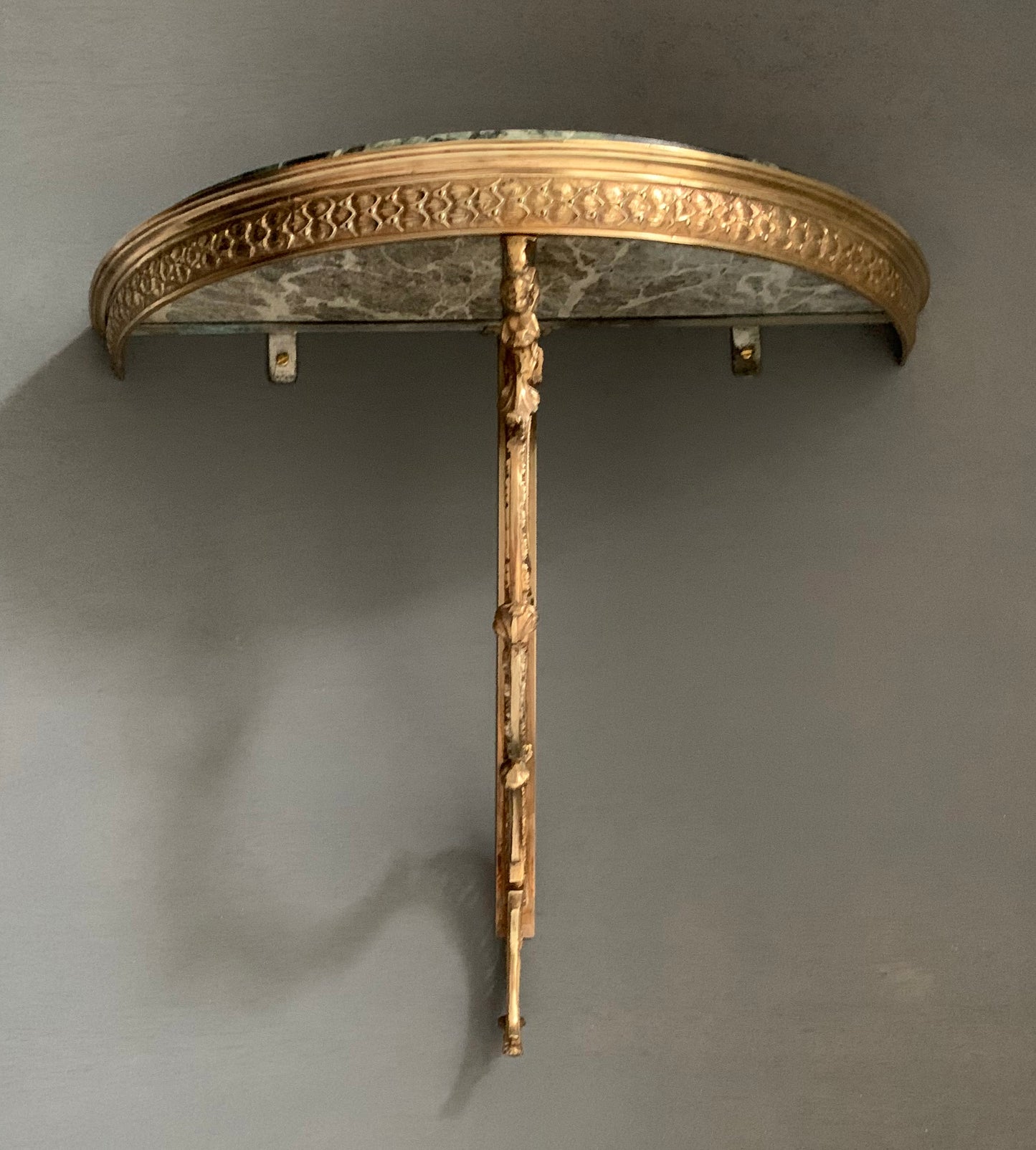 French Louis XVI style Wall-Mounted Demi-Lune Green Marble & Brass Console Table