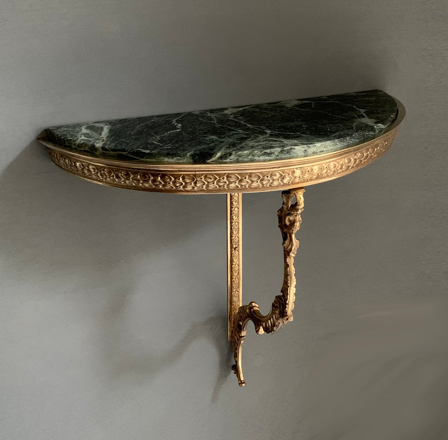 French Louis XVI style Wall-Mounted Demi-Lune Green Marble & Brass Console Table