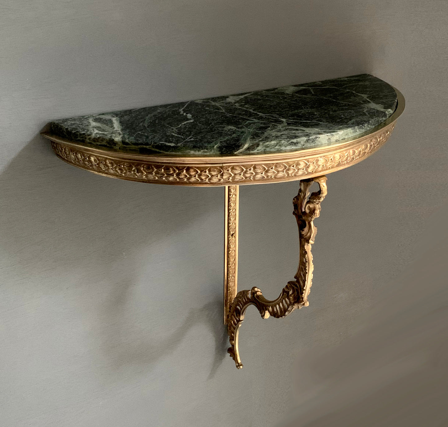 French Louis XVI style Wall-Mounted Demi-Lune Green Marble & Brass Console Table