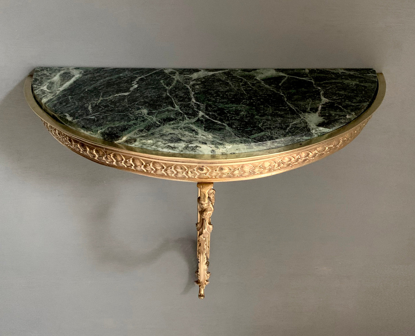French Louis XVI style Wall-Mounted Demi-Lune Green Marble & Brass Console Table