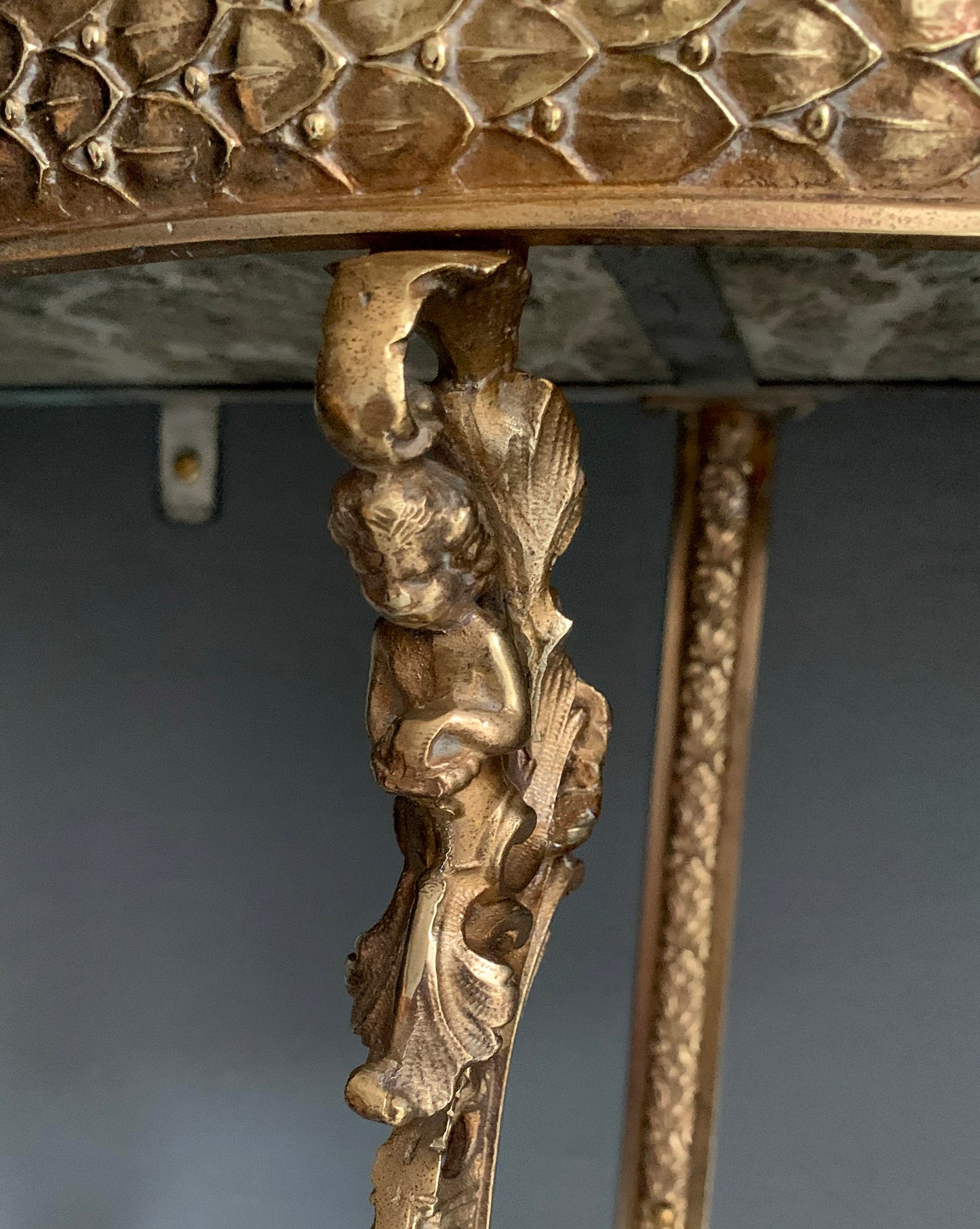 French Louis XVI style Wall-Mounted Demi-Lune Green Marble & Brass Console Table