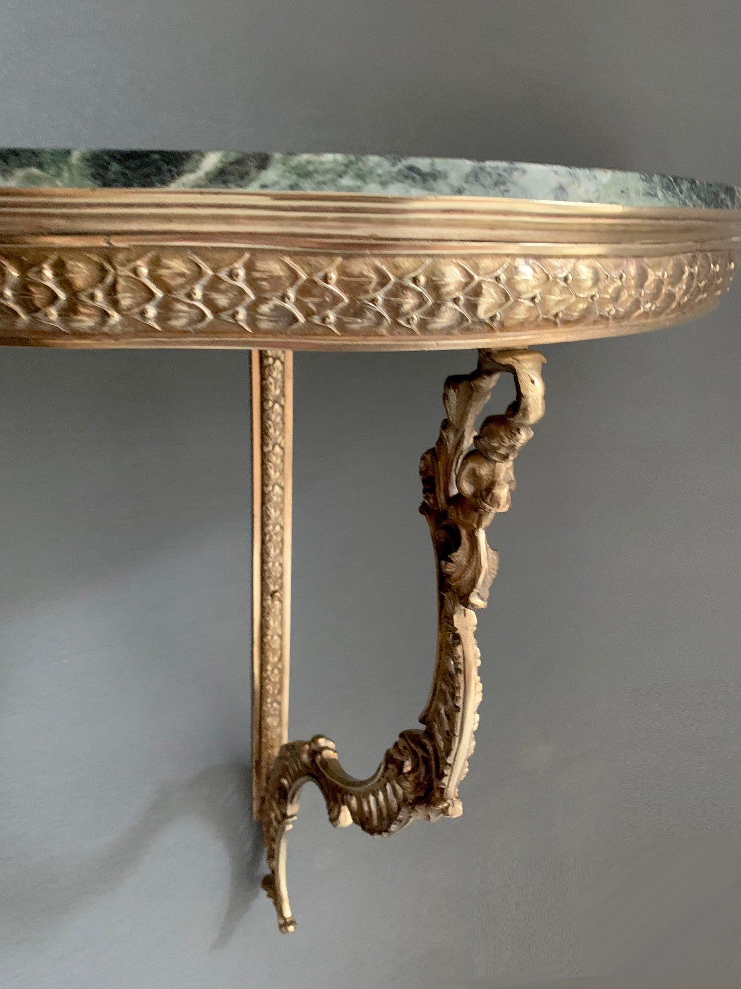 French Louis XVI style Wall-Mounted Demi-Lune Green Marble & Brass Console Table