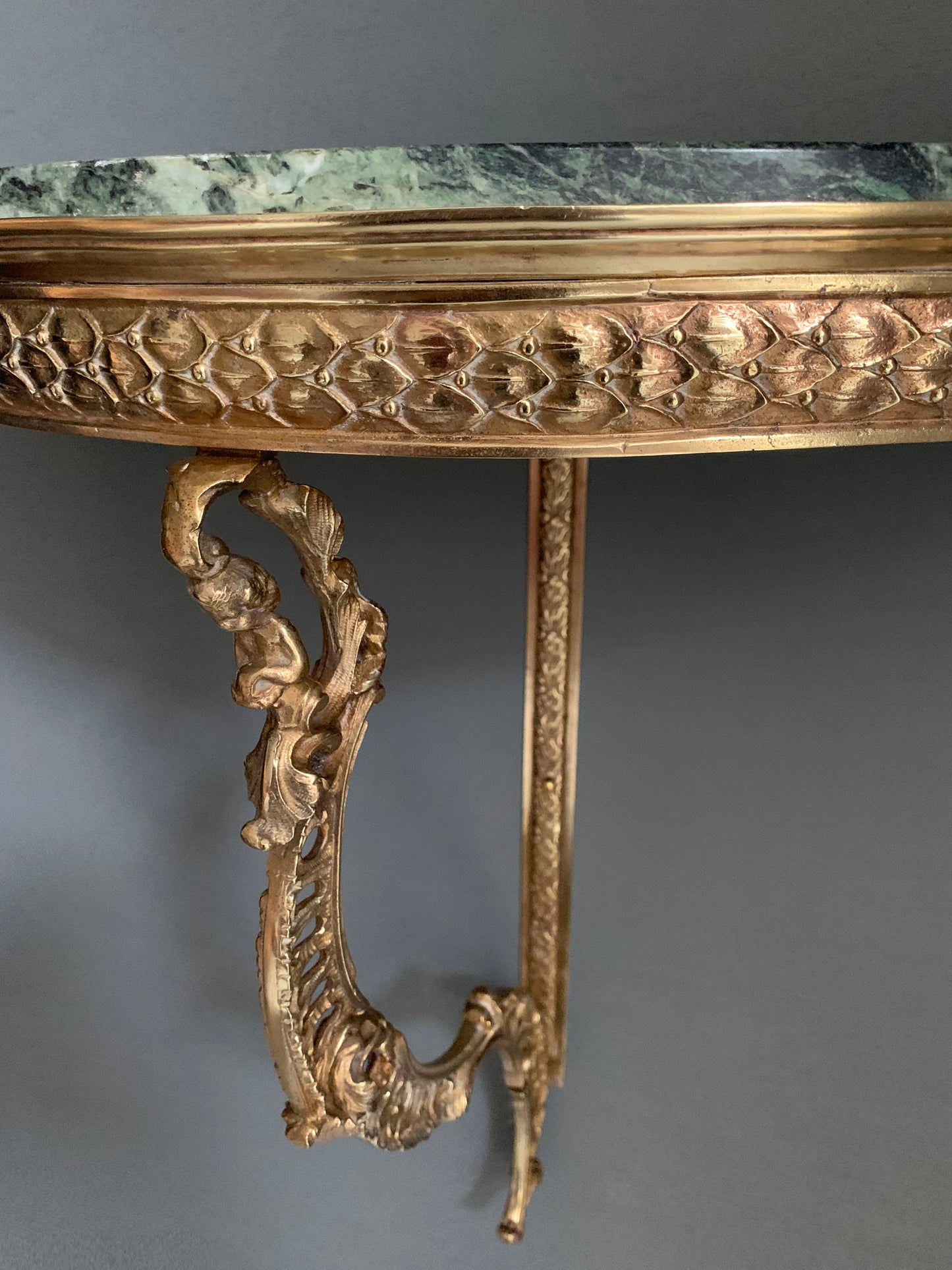 French Louis XVI style Wall-Mounted Demi-Lune Green Marble & Brass Console Table