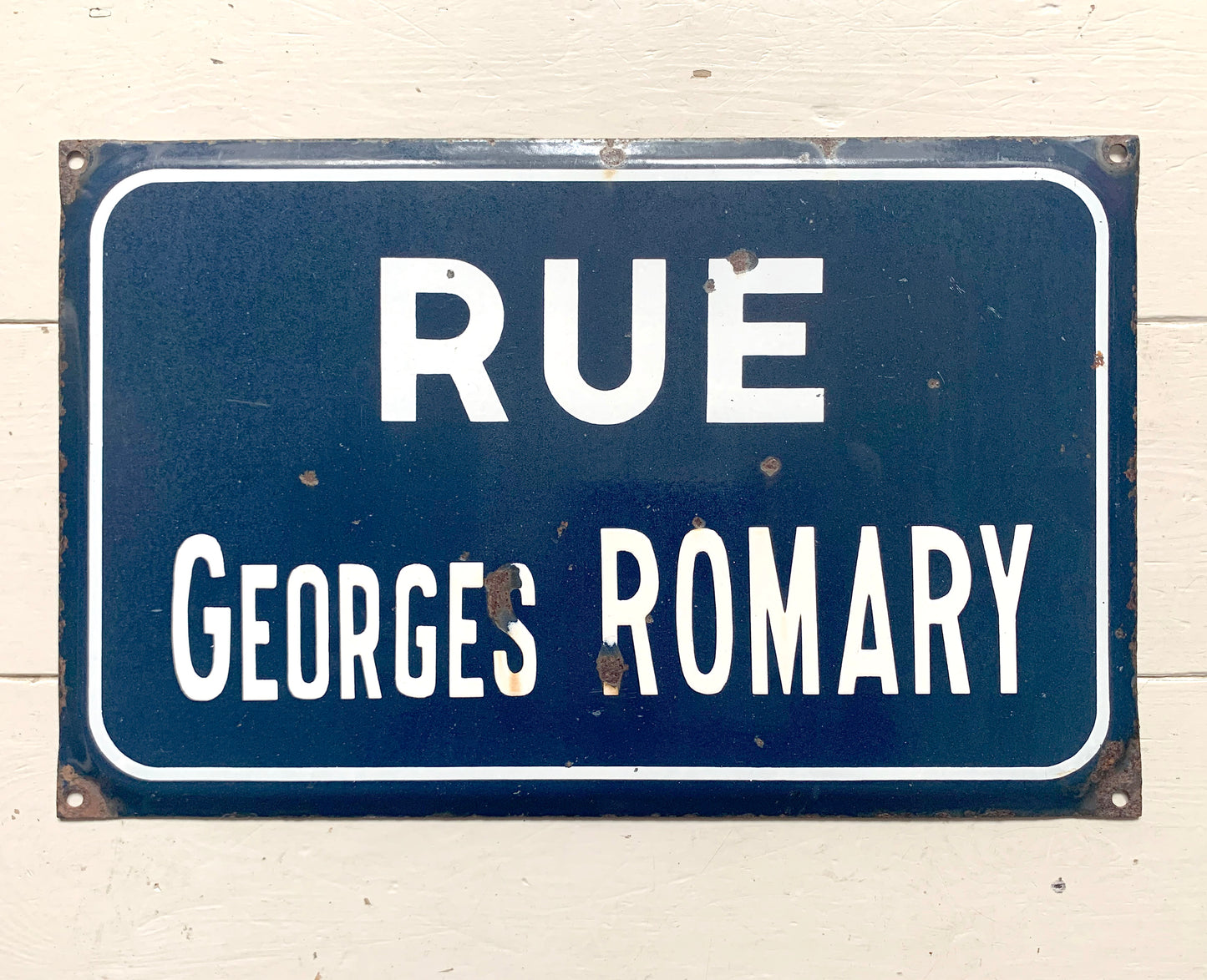 Genuine French Enamel Road / Street Sign 'Rue Georges Romary' White on Navy Blue