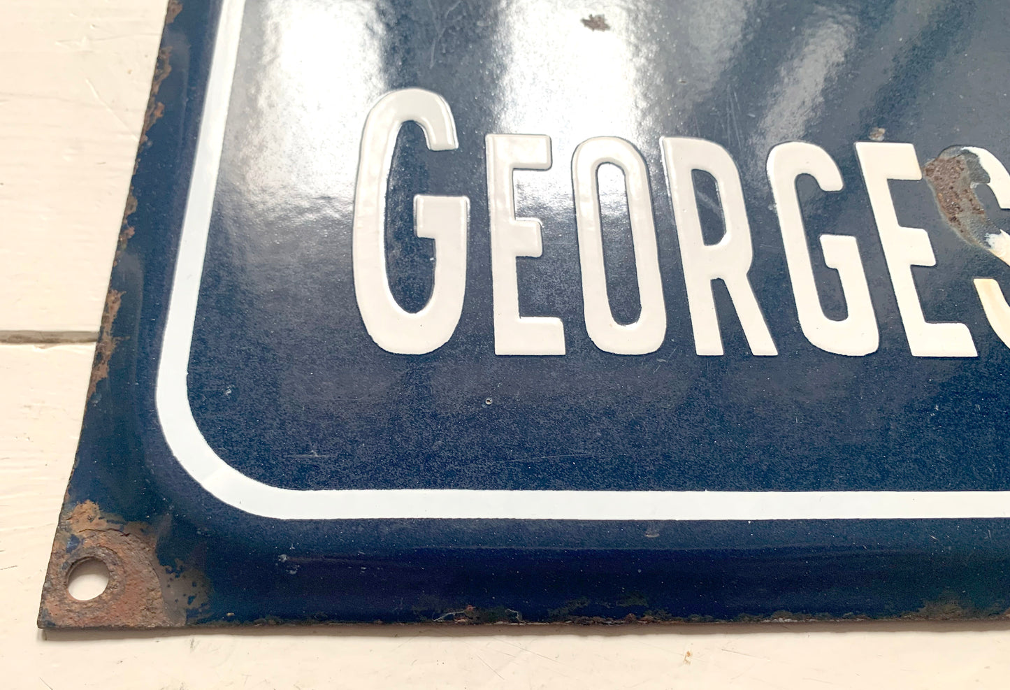 Genuine French Enamel Road / Street Sign 'Rue Georges Romary' White on Navy Blue