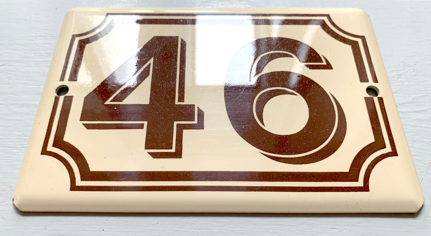 Genuine French Enamel Door Plate / Number 46' - Unusual Brown & Beige Colour