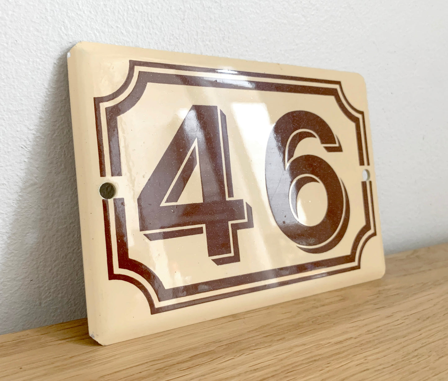 Genuine French Enamel Door Plate / Number 46' - Unusual Brown & Beige Colour