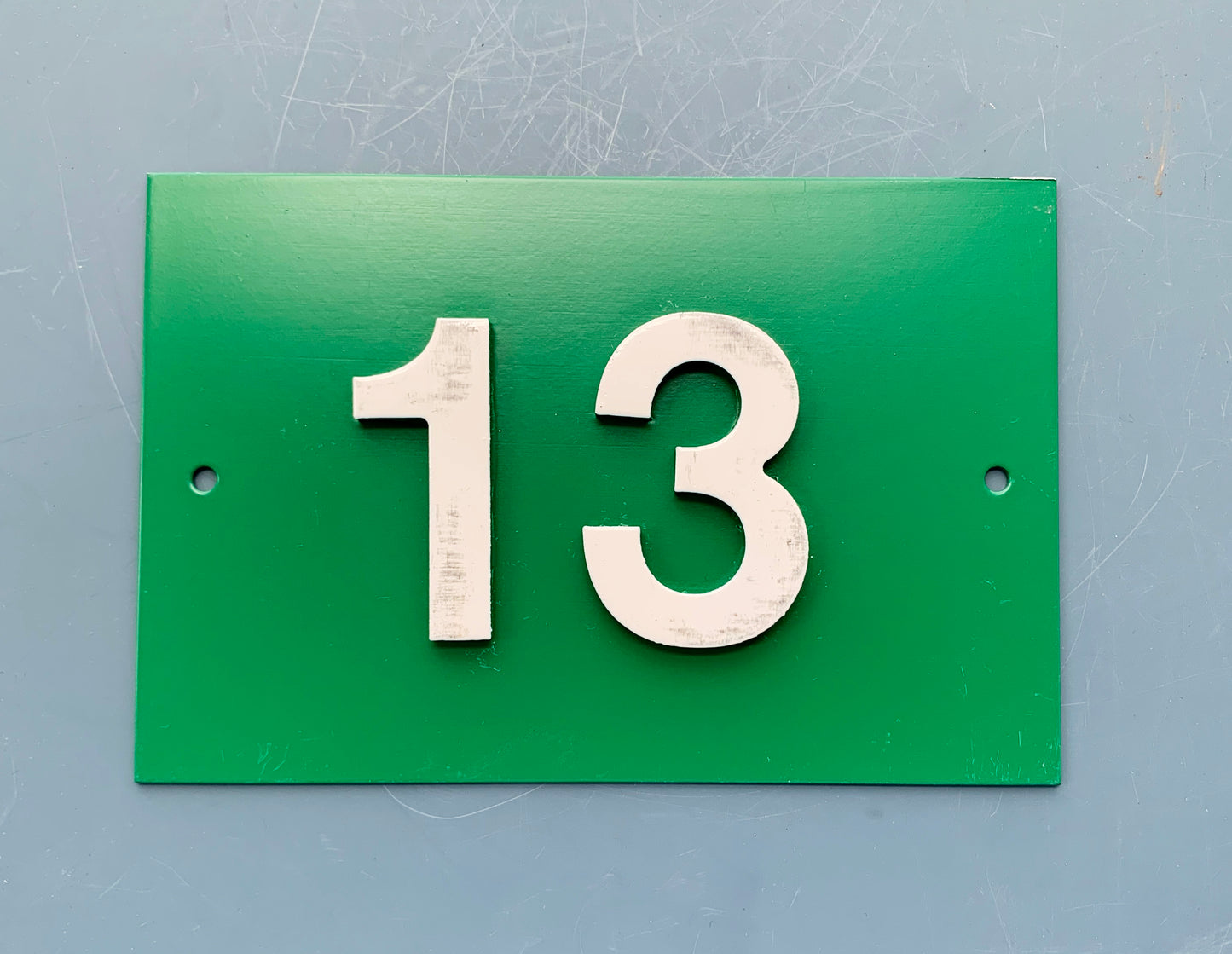 Green French Embossed metal # 13 Door Number / Plaque - White on Green