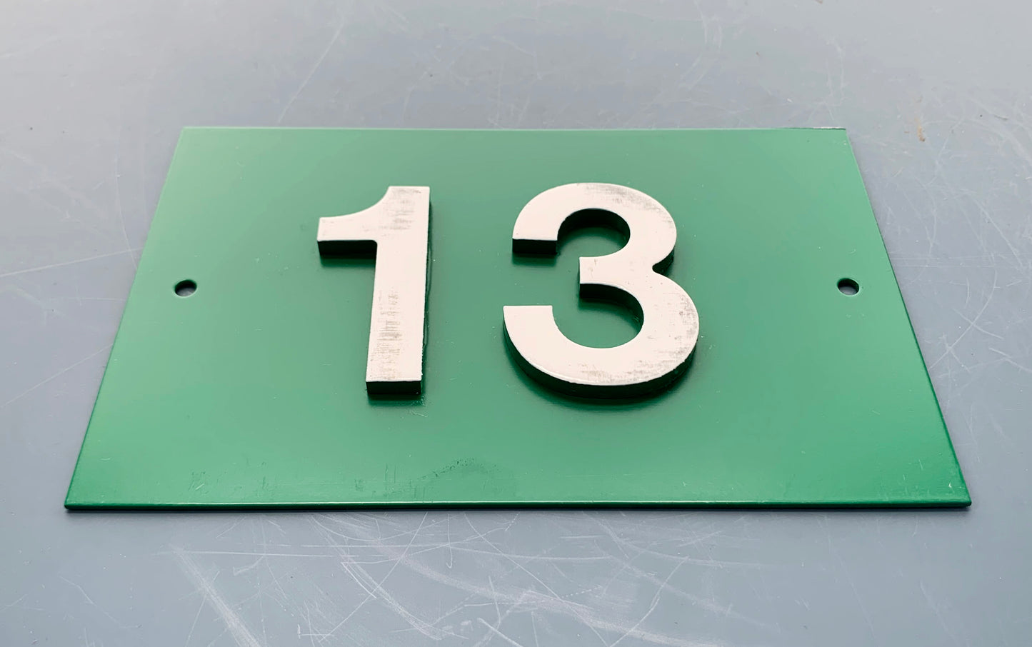 Green French Embossed metal # 13 Door Number / Plaque - White on Green