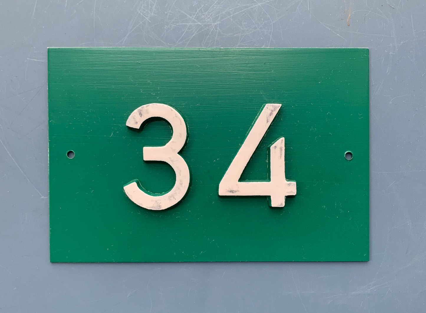 Green French Embossed metal # 34 Door Number / Plaque - White on Green