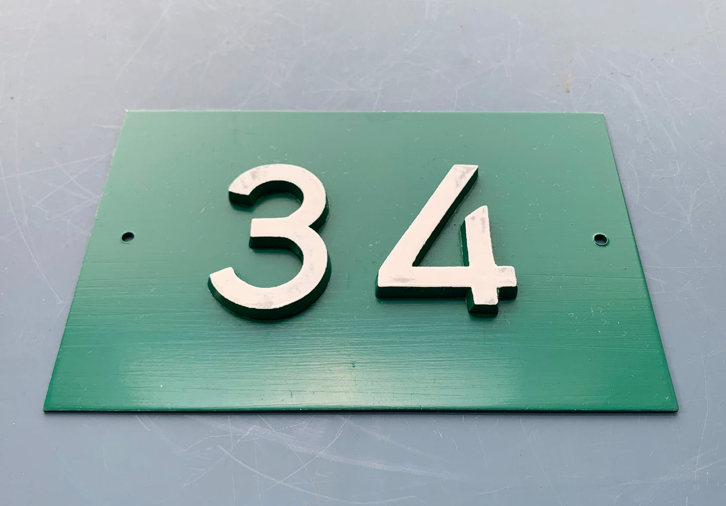 Green French Embossed metal # 34 Door Number / Plaque - White on Green