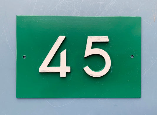 Green French Embossed metal # 45 Door Number / Plaque - White on Green